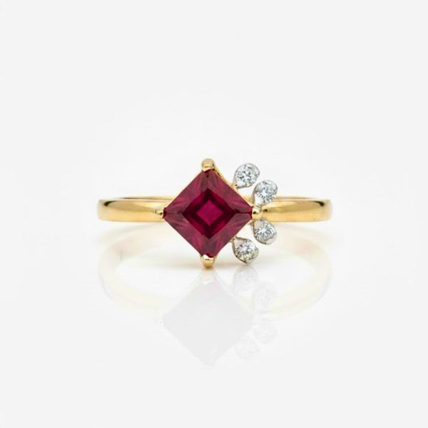 Classic Princess shape-Stone Ruby in Diamond Ring