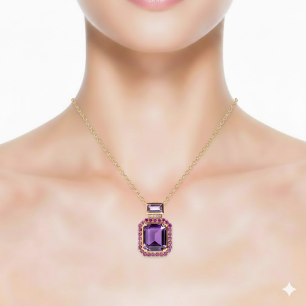 Emerald-Cut Amethyst Pendant Halo in Yellow Gold