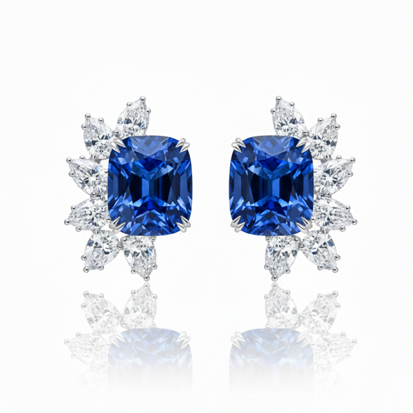 Royal Blue Sapphire Statement Earrings with Shimmering Diamond Wing