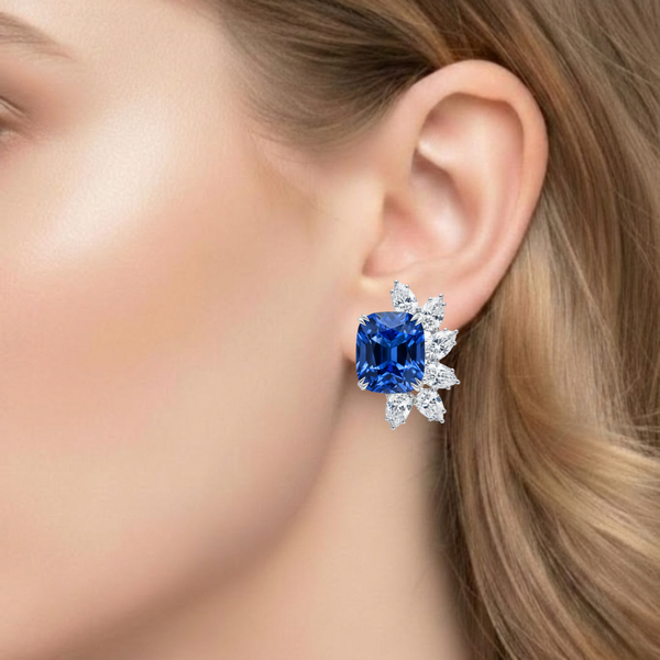 Royal Blue Sapphire Statement Earrings with Shimmering Diamond Wing