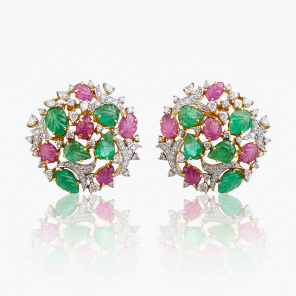 Nature-Inspired Gemstone Garden Earrings: Carved Rubies and Emeralds in Gold