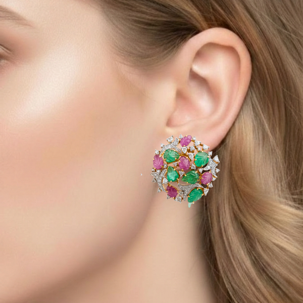 Nature-Inspired Gemstone Garden Earrings: Carved Rubies and Emeralds in Gold