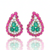 Vivid Pear-Cut Emerald Cluster Earrings with Ruby Cabochon Border