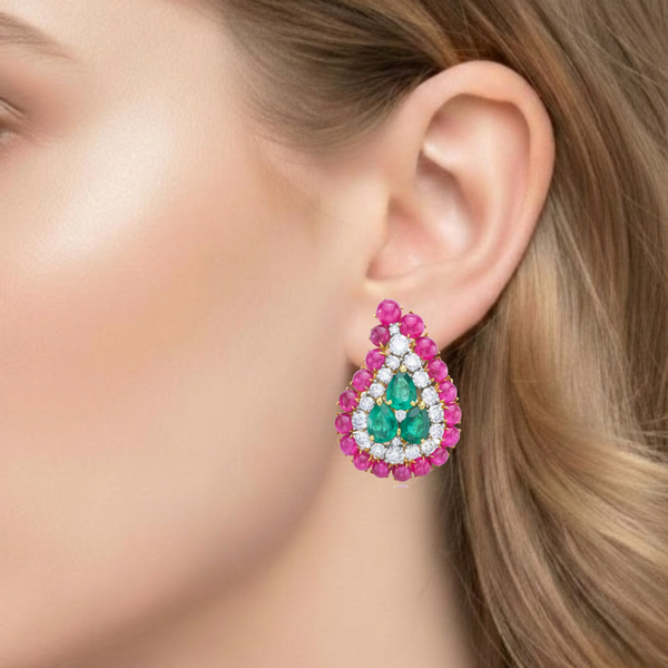 Vivid Pear-Cut Emerald Cluster Earrings with Ruby Cabochon Border