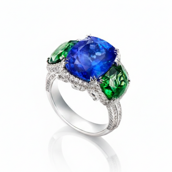 Royal Blue Sapphire Center with Oval Emerald Shoulders in White Gold