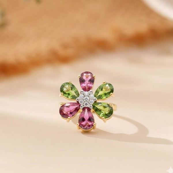 Vintage Inspired Tourmaline Flower Six Stone In Diamond Ring
