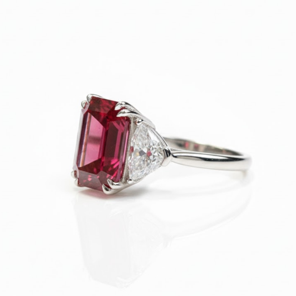 Emerald-Cut Ruby Three-Stone Ring with Diamond Accents