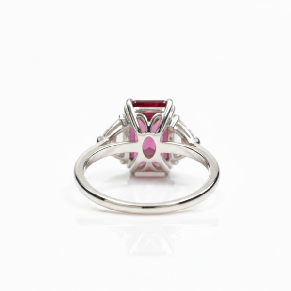 Emerald-Cut Ruby Three-Stone Ring with Diamond Accents
