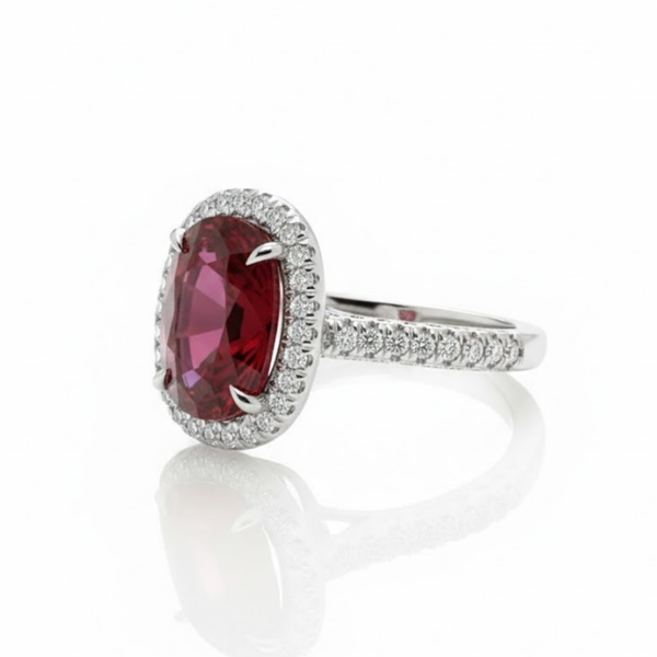 Oval Cut Lab Grown Ruby Halo Ring with Tapered Diamond Accents