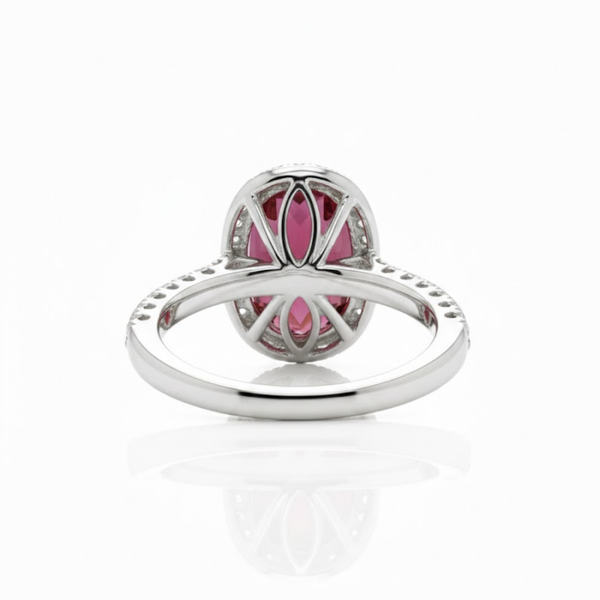 Oval Cut Lab Grown Ruby Halo Ring with Tapered Diamond Accents