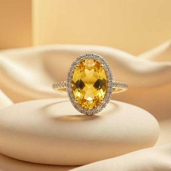 Classic Oval Citrine Halo Ring with Diamond Accents
