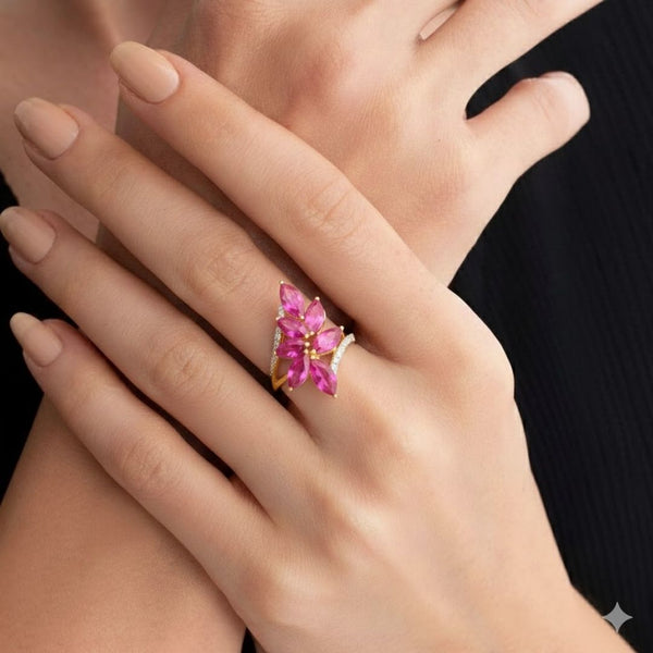 Classic 7 pc markees shape-Stone Ruby in Diamond Ring