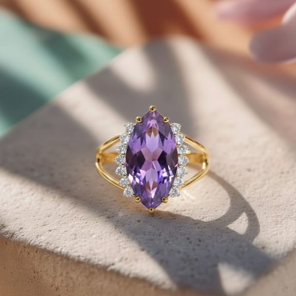 Marquise Amethyst Solitaire Ring with Diamonds