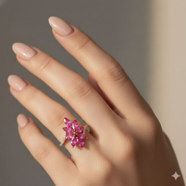 Classic 7 pc markees shape-Stone Ruby in Diamond Ring