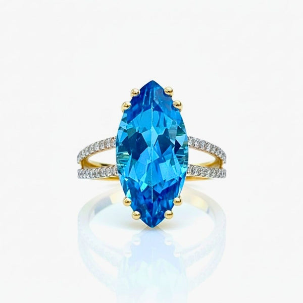 Marquise Blue topaz Solitaire Ring with Diamonds RIng