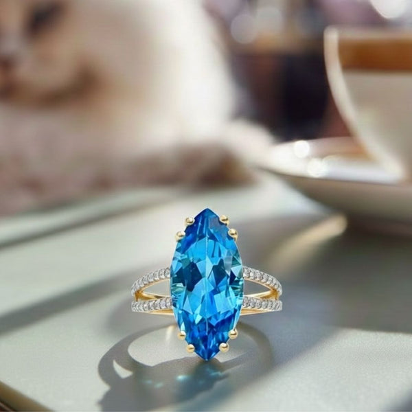 Marquise Blue topaz Solitaire Ring with Diamonds RIng