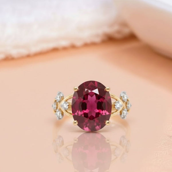 Classic Oval shape-Stone Ruby in Diamond Ring.