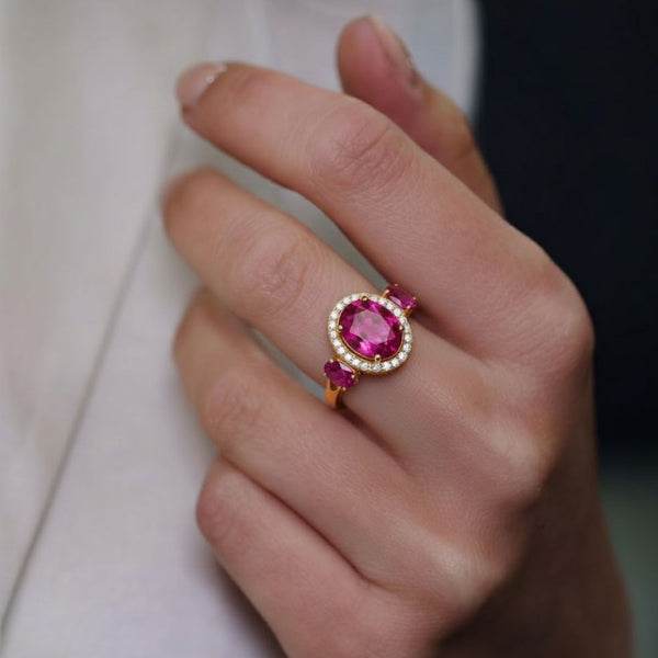 Classic Three-Stone Oval-Cut Ruby in Diamond Ring