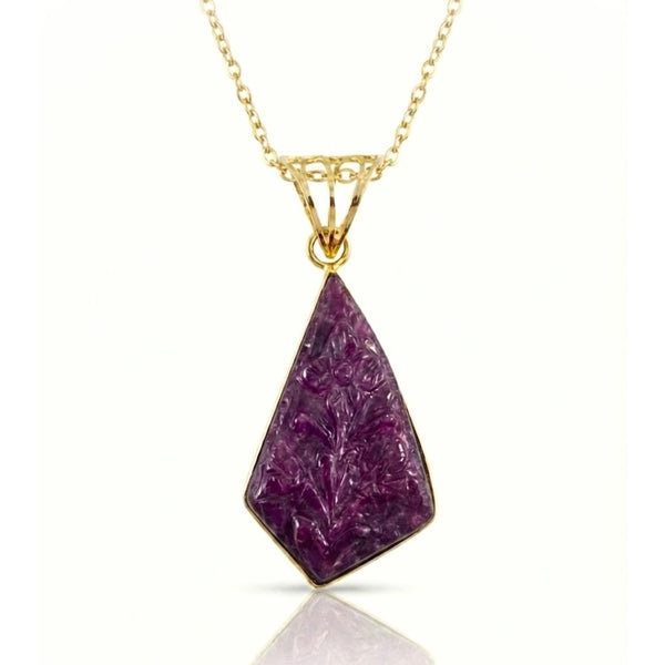 Hand-Carved Natural Ruby Geometric Pendant – 14k Gold