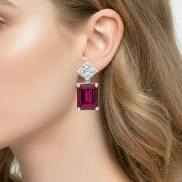 Cushion-Cut Ruby Drop Earrings with Diamond Cluster Accents