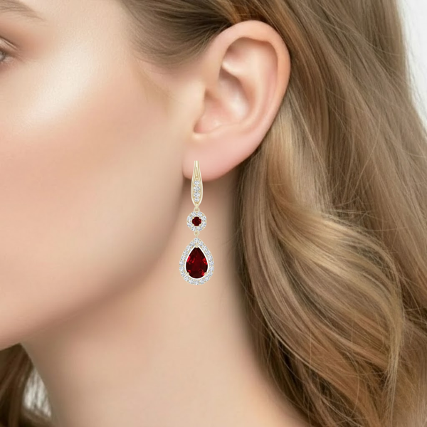 Round and Pear Ruby Tiered Drop Earrings with Diamond Halo