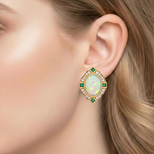 Oval-Cut Opal and Emerald Halo Earrings with Diamond Accents