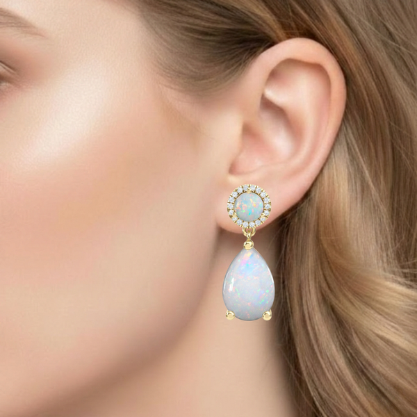 Tiered Pear and Round-Cut Opal Drop Earrings with Diamond Halo