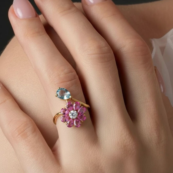 Nature Inspired Rhodolite & Aquamarine in Diamond Flower Ring