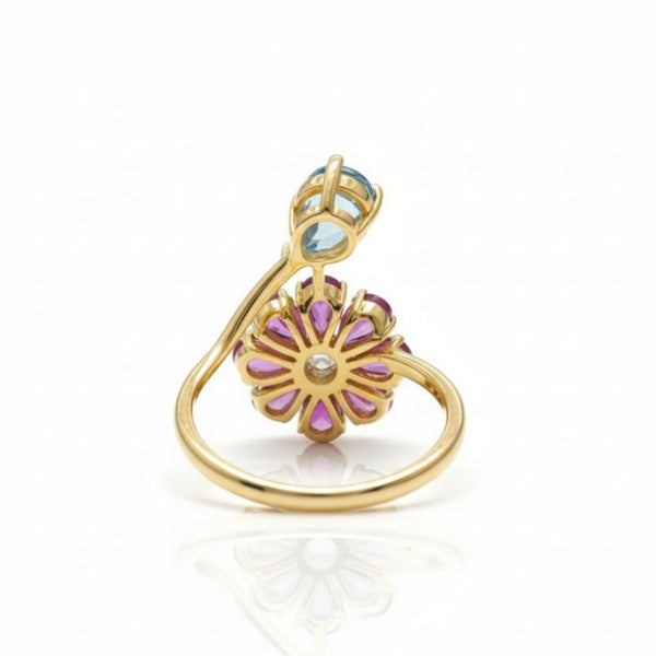 Nature Inspired Rhodolite & Aquamarine in Diamond Flower Ring