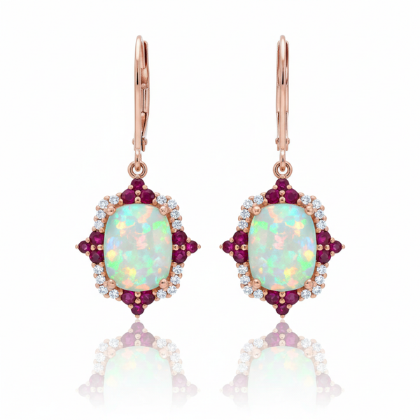 Oval Opal Solitaire Earrings with Ruby and Diamond Compass Halo