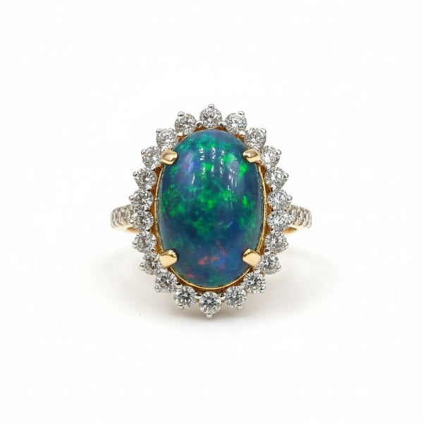 Oval Green Opal Halo Ring with Diamond Accents