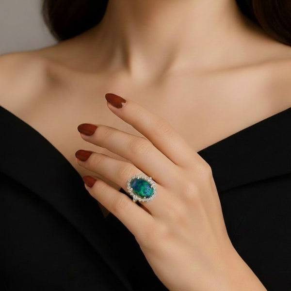 Oval Green Opal Halo Ring with Diamond Accents