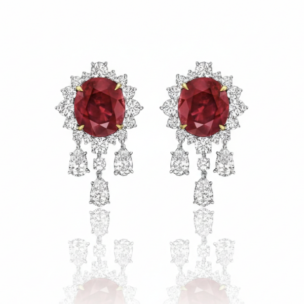 Oval-Cut Ruby Chandelier Earrings with Radiant Diamond Fringe
