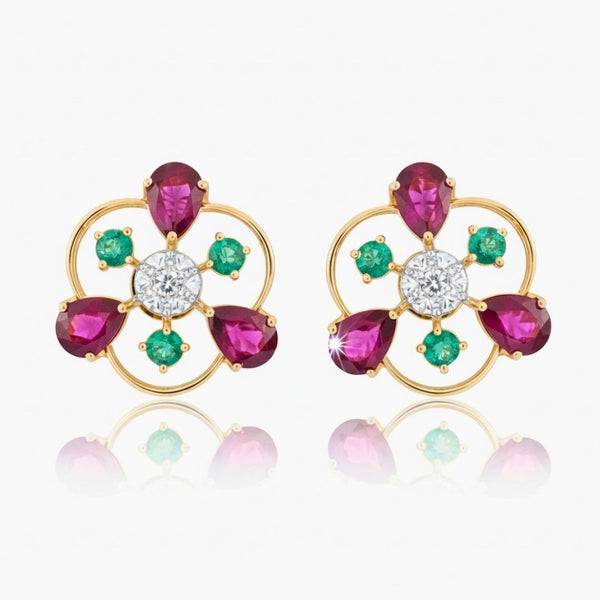 Natural Ruby & Emerald In Diamond Three Petal Earrings