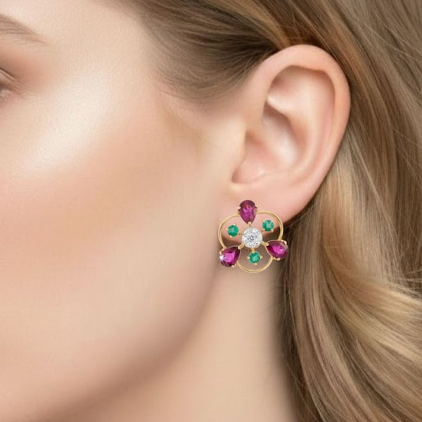 Natural Ruby & Emerald In Diamond Three Petal Earrings