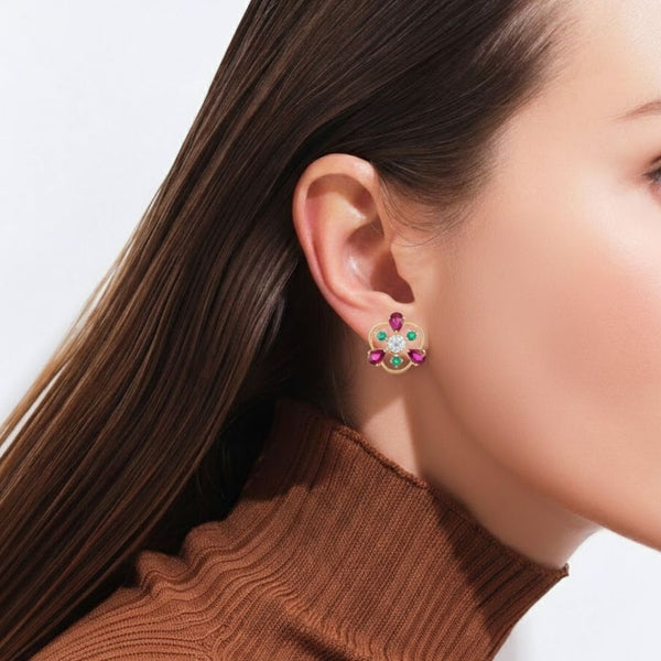 Natural Ruby & Emerald In Diamond Three Petal Earrings
