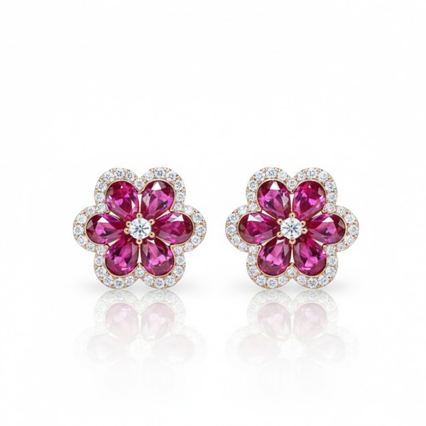 Ruby and Diamond Blossom Earrings in Six-Petal Pear-Cut Design