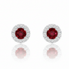 Round-Cut Ruby Stud Earrings with White Gold Architectural Diamond Halo