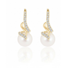 Natural Freshwater Pearl Drop Earrings in 14K Yellow Gold with Diamond Swirls