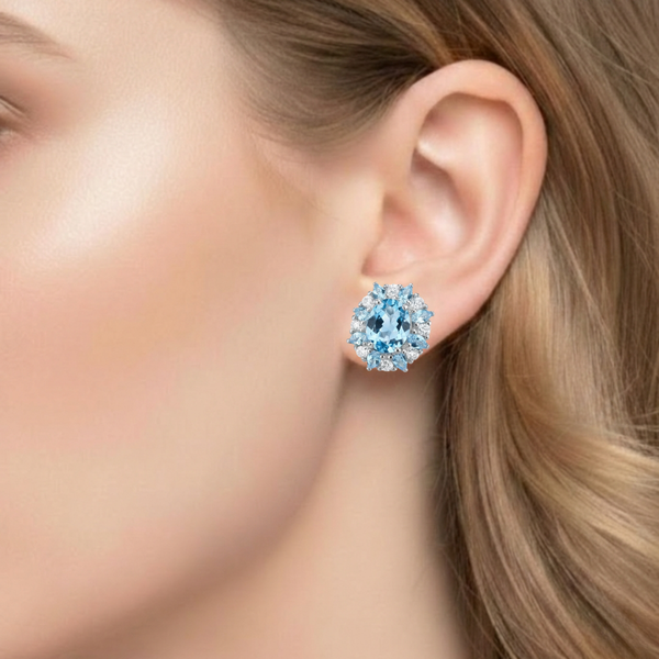 Round -Cut Blue Topaz Drop Earrings with Diamond Accents