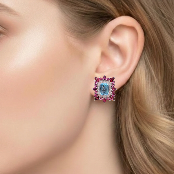 Cushion-Cut Blue Topaz Stud Earrings with Pear-Cut Ruby Sunburst Halo