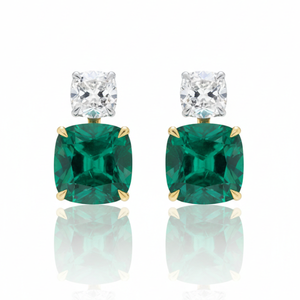 Cushion-Cut Emerald Drop Earrings with Brilliant Cushion Diamond Tops