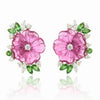 Hand-Carved Pink Tourmaline Floral Stud Earrings with Pear-Cut Emerald Leaves