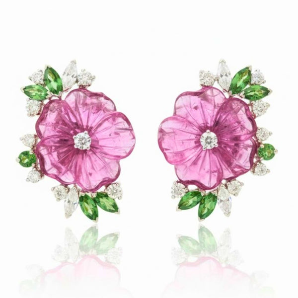Hand-Carved Pink Tourmaline Floral Stud Earrings with Pear-Cut Emerald Leaves