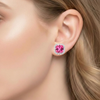 Cushion-Cut Ruby Stud Earrings with Diamond Baguette and Round Halo