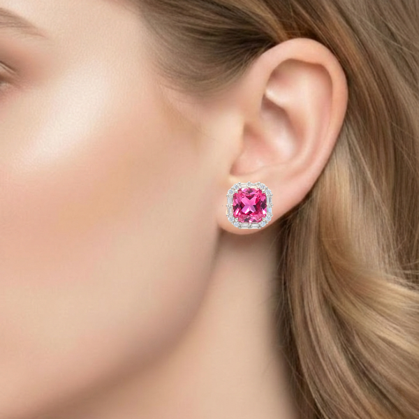 Cushion-Cut Ruby Stud Earrings with Diamond Baguette and Round Halo