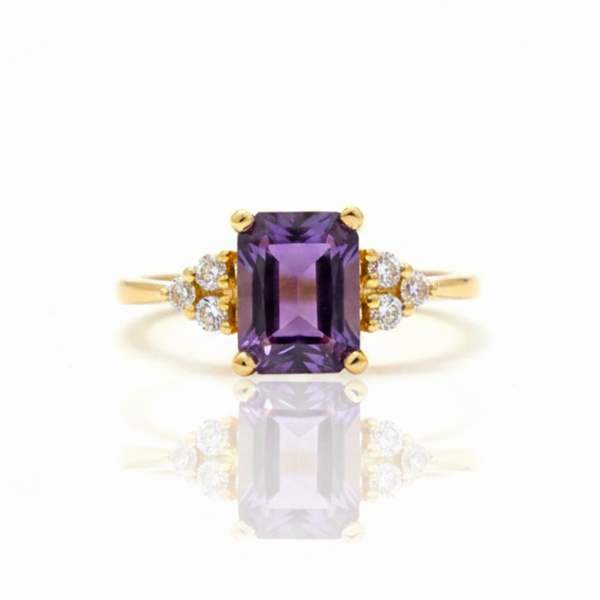 Cushion cutAmethyst Ring With Trio Diamond Accents