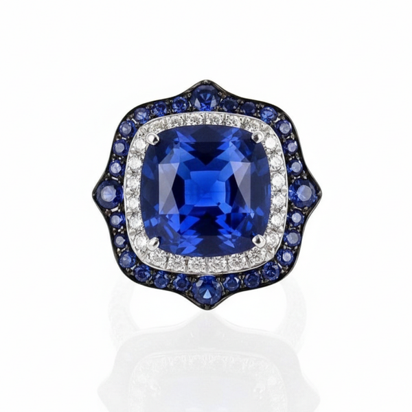 Cushion-Cut Blue Sapphire Ring in 14K White Gold with Double Diamond and Sapphire Halo