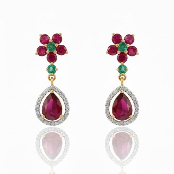 Natural Ruby & Emerald In Diamond Three Petal Earrings
