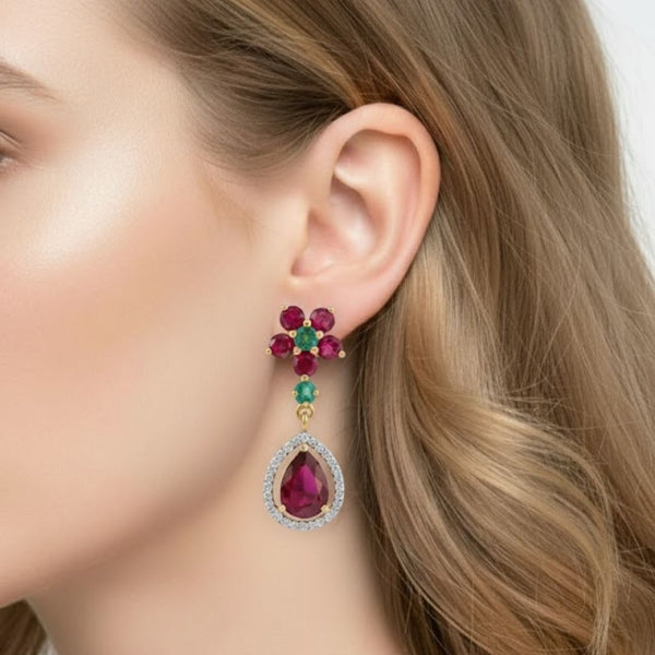 Natural Ruby & Emerald In Diamond Three Petal Earrings